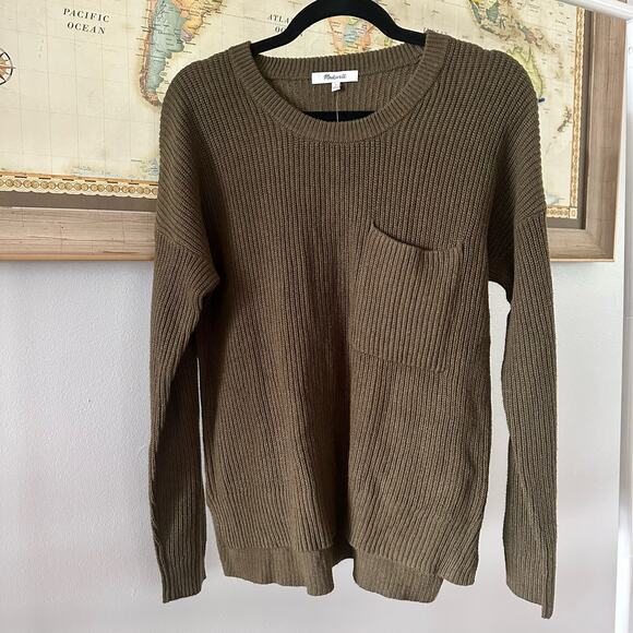 Madewell Olive Green Ribbed Knit Round Neck Sweater Womens Small Cotton Blend - Picture 1 of 7